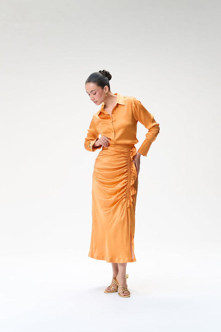 Coral Silk Shirt & Coral Side Ruched Silk Skirt