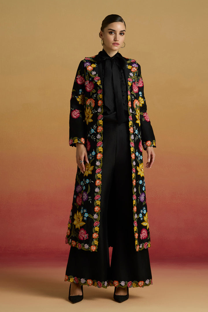 Black Floral Threadwork Long Jacket