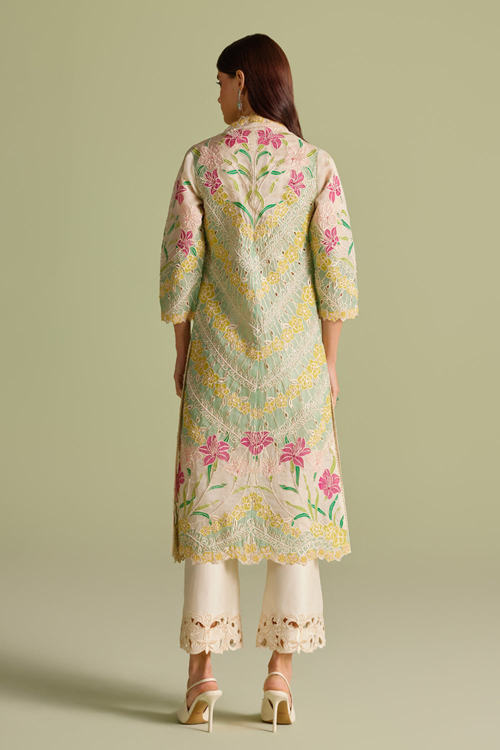 Ivory & Aqua Applique Long Jacket