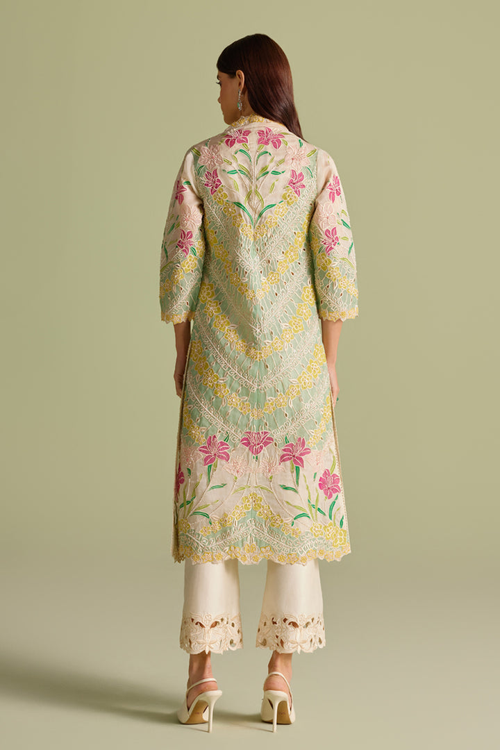 Ivory & Aqua Applique Long Jacket