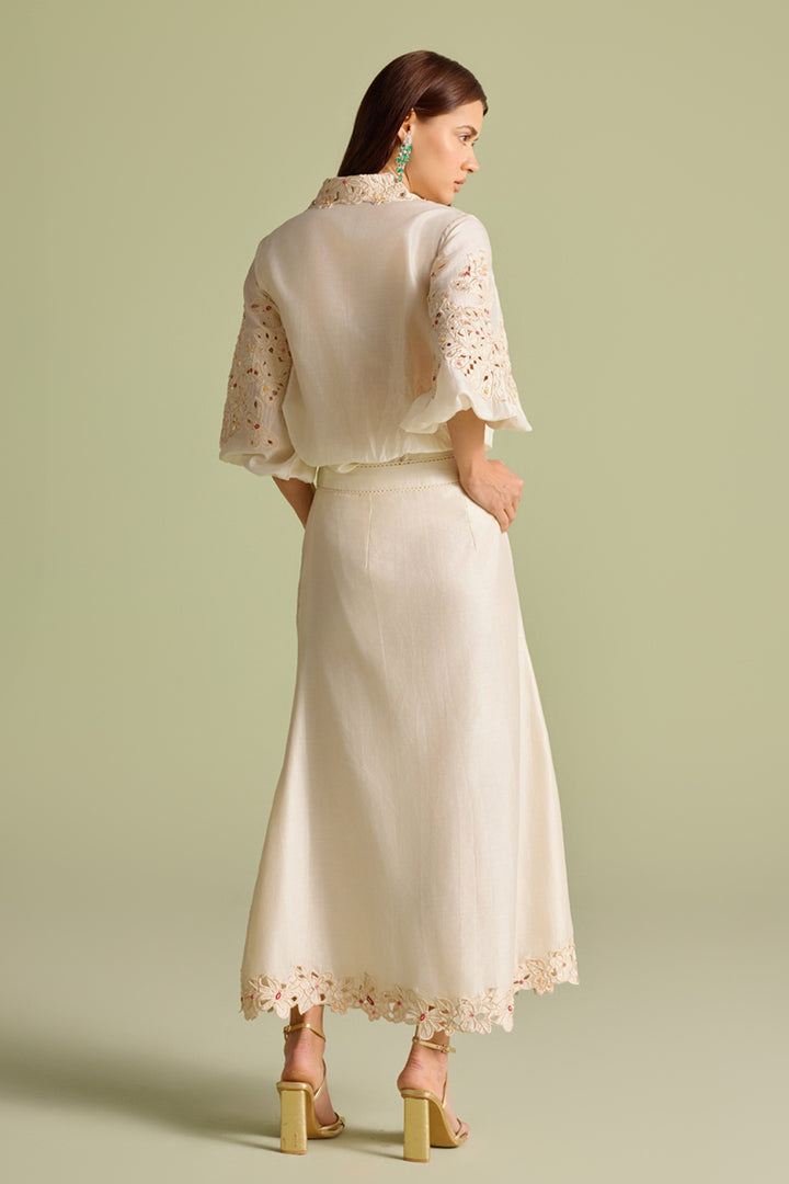 Ivory Floral Mosaic Button-down Skirt
