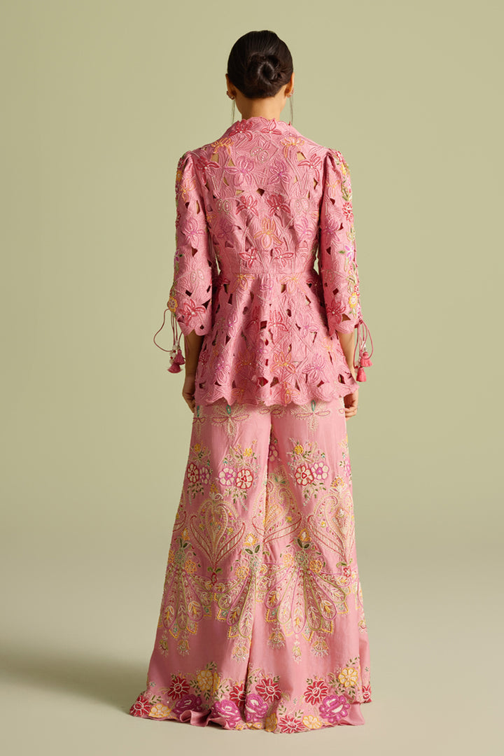 Pink Contrast Cordwork and Beadwork Sharara Pants