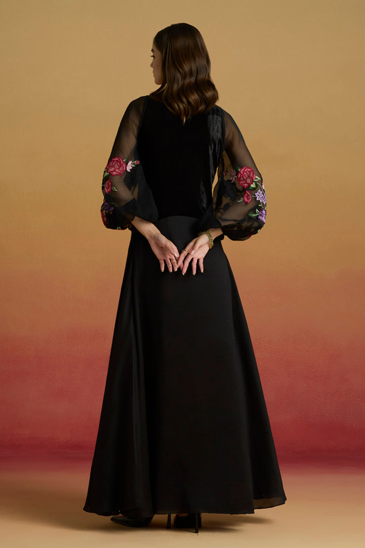 Black Contrast Paisley Flounce Dress