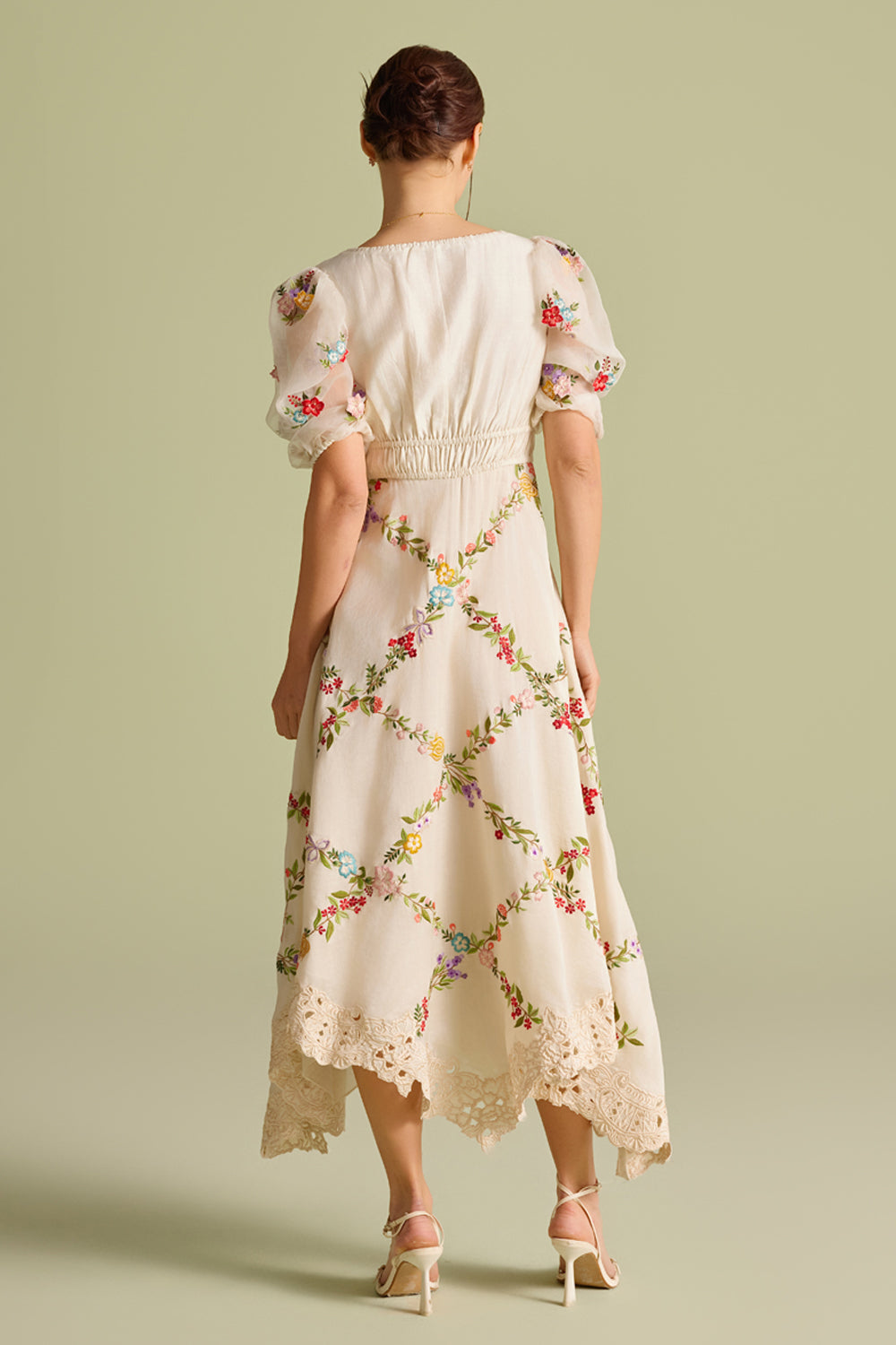 Ivory Floral Vines Embroidered Ruched Dress