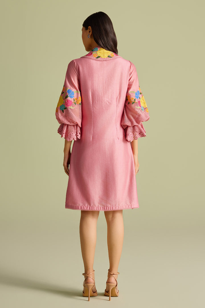 Pink Applique Mesh Layered Short Dress
