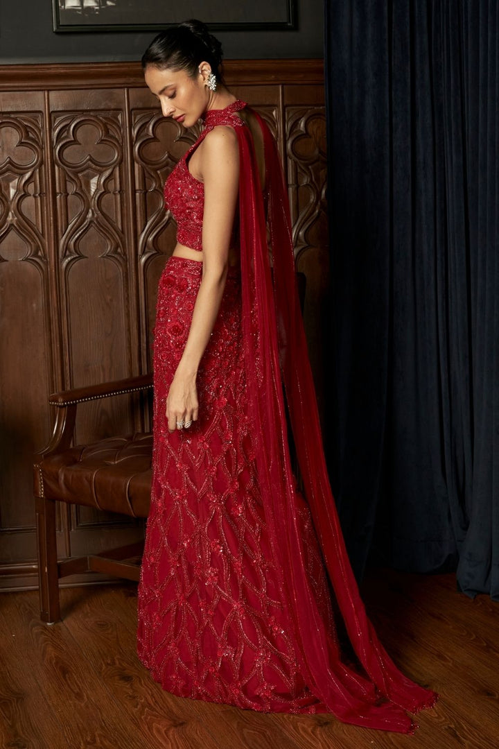 Red Fishcut Lehenga Set