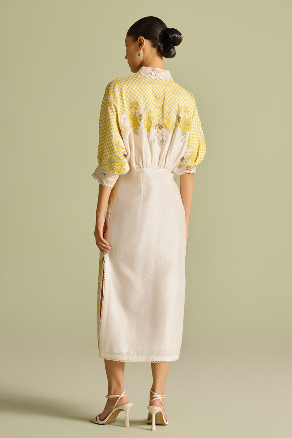 Ivory and Yellow Checkered Kimono Dress