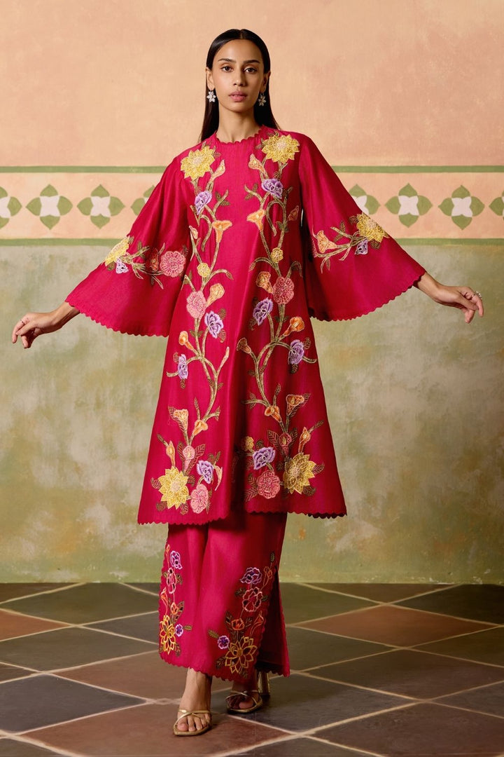 Fuchsia Mosaic florals short kurta with cutwork flared pants
