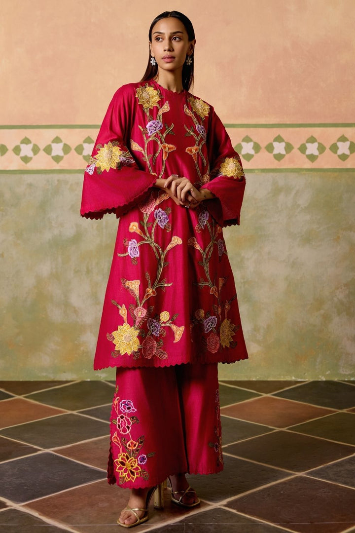 Fuchsia Mosaic florals short kurta with cutwork flared pants