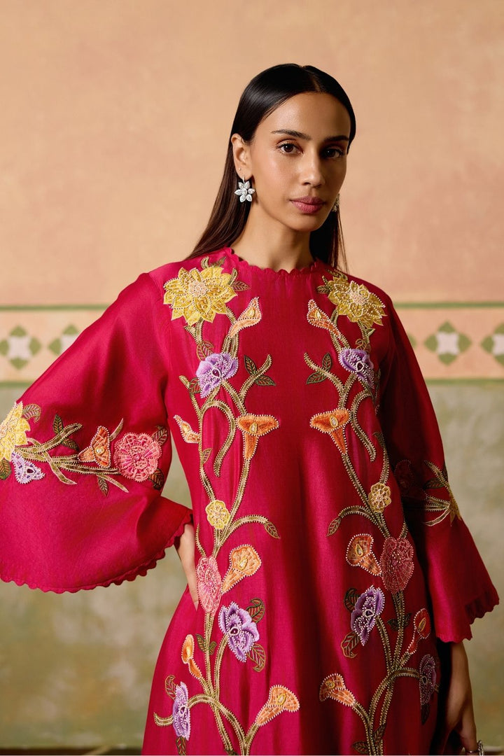 Fuchsia Mosaic florals short kurta with cutwork flared pants