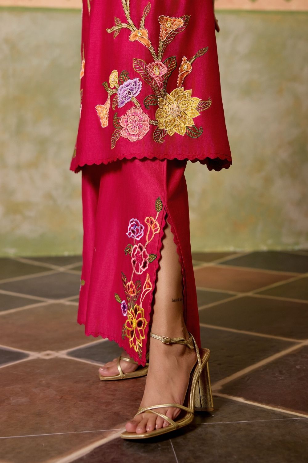 Fuchsia Mosaic florals short kurta with cutwork flared pants