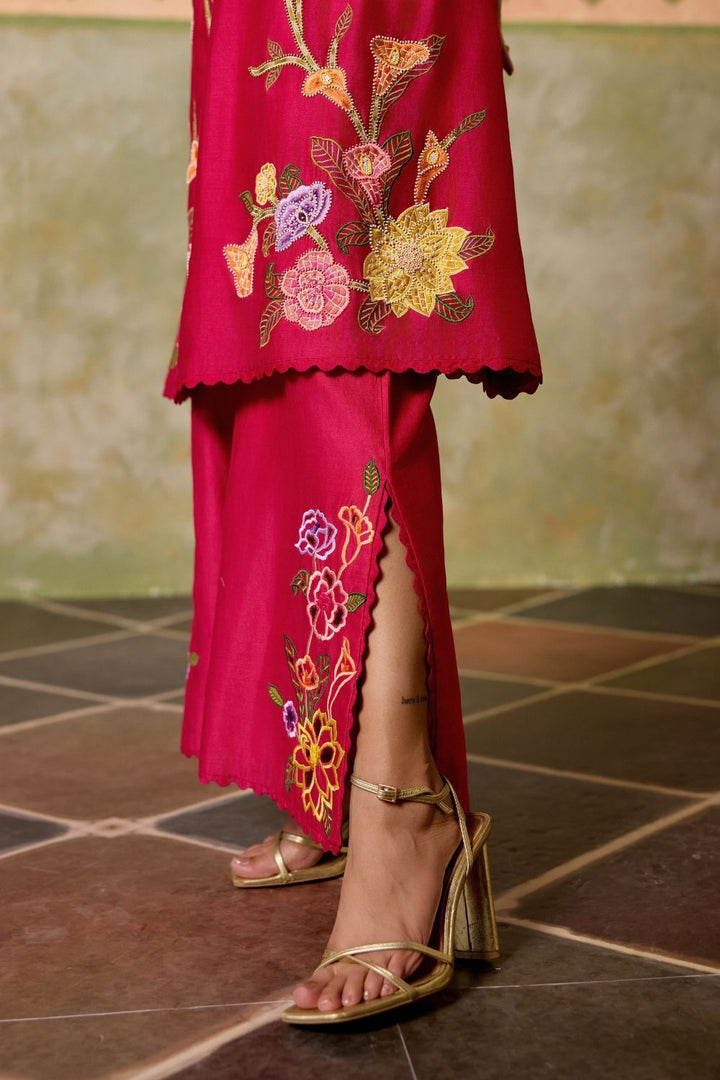 Fuchsia Mosaic florals short kurta with cutwork flared pants