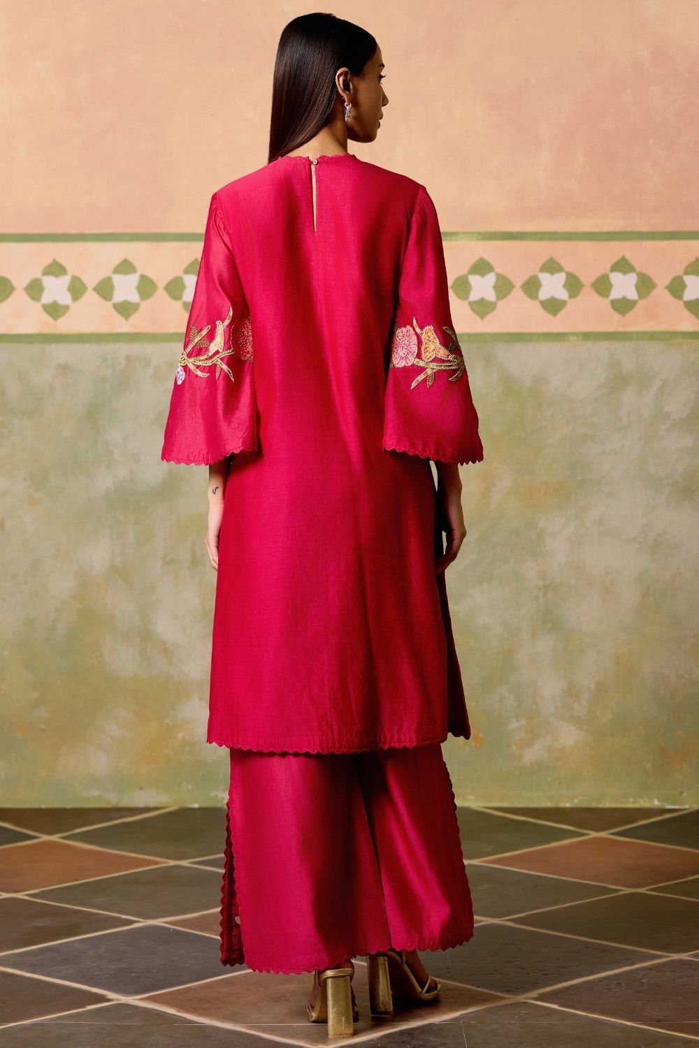 Fuchsia Mosaic florals short kurta with cutwork flared pants