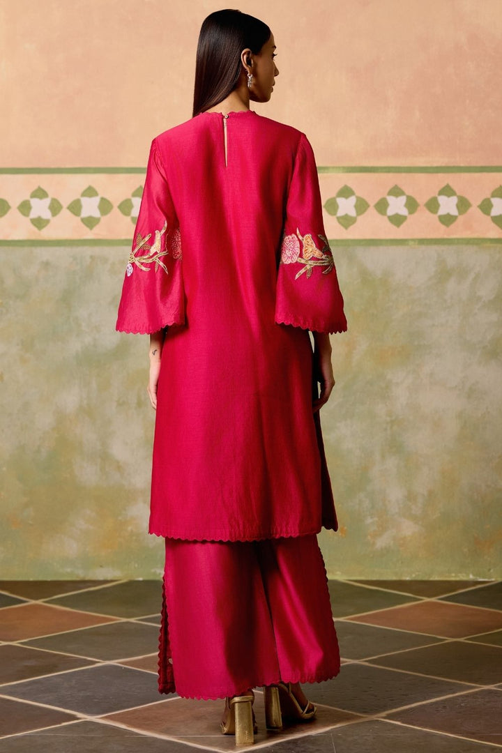 Fuchsia Mosaic florals short kurta with cutwork flared pants