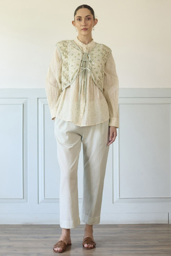 White & Green Gillet Shirt and Pants Set