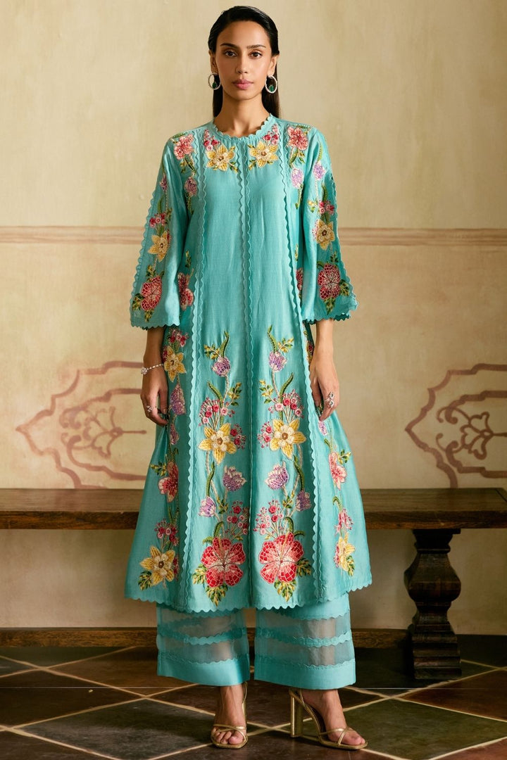 Aqua Mosaic floral vines kurta with sheer detail pants