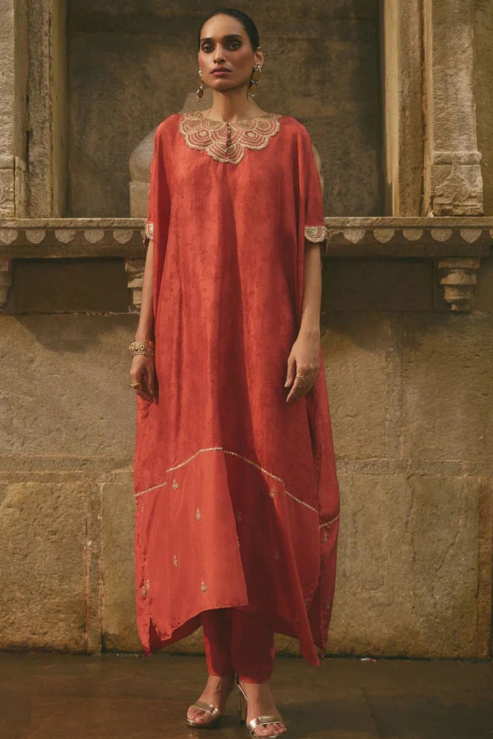 Rust Printed Kaftan Set
