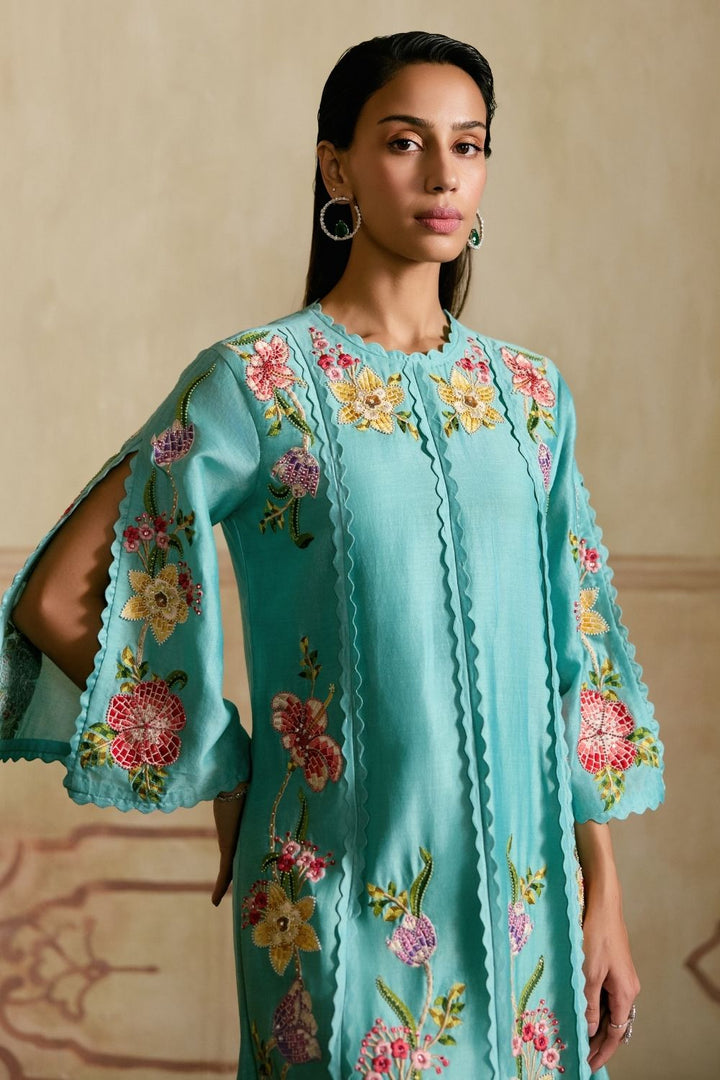 Aqua Mosaic floral vines kurta with sheer detail pants