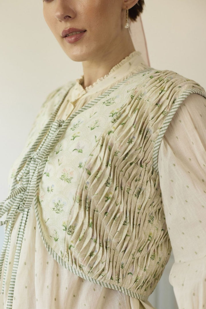 White & Green Gillet Shirt and Pants Set