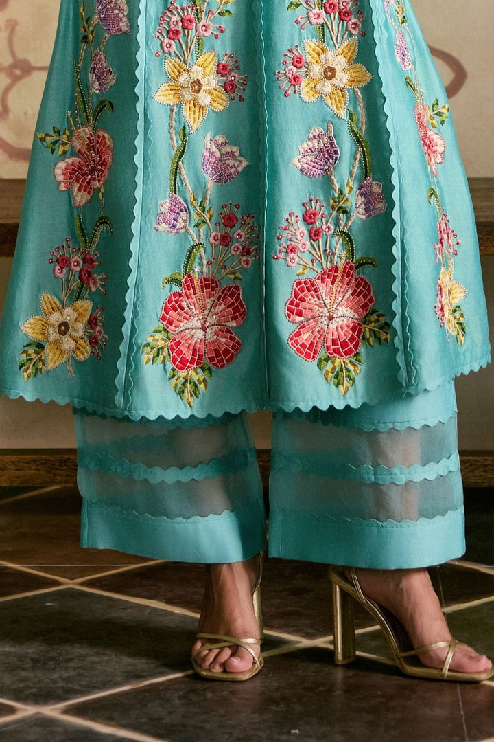 Aqua Mosaic floral vines kurta with sheer detail pants