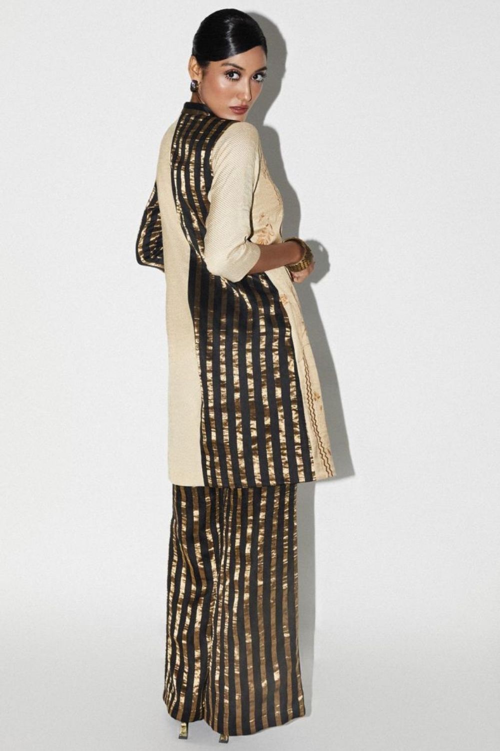 Black & Gold Embroidered Silk Long Jacket Pant Set