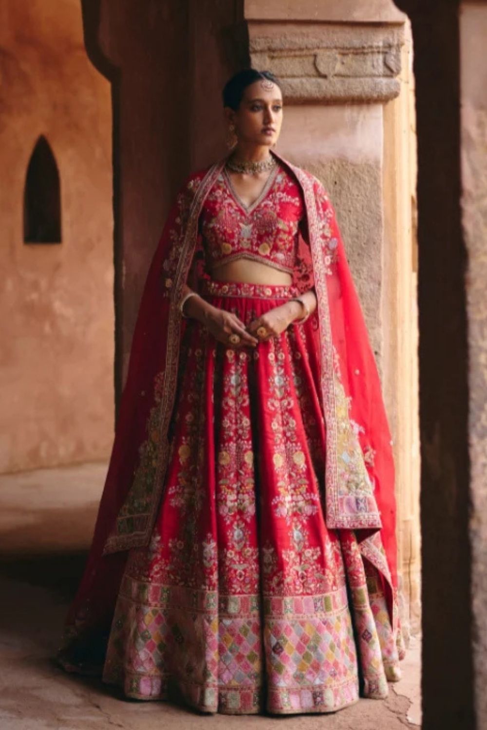Velvet Patchwork Long Booti Lehenga With Organza Dupatta
