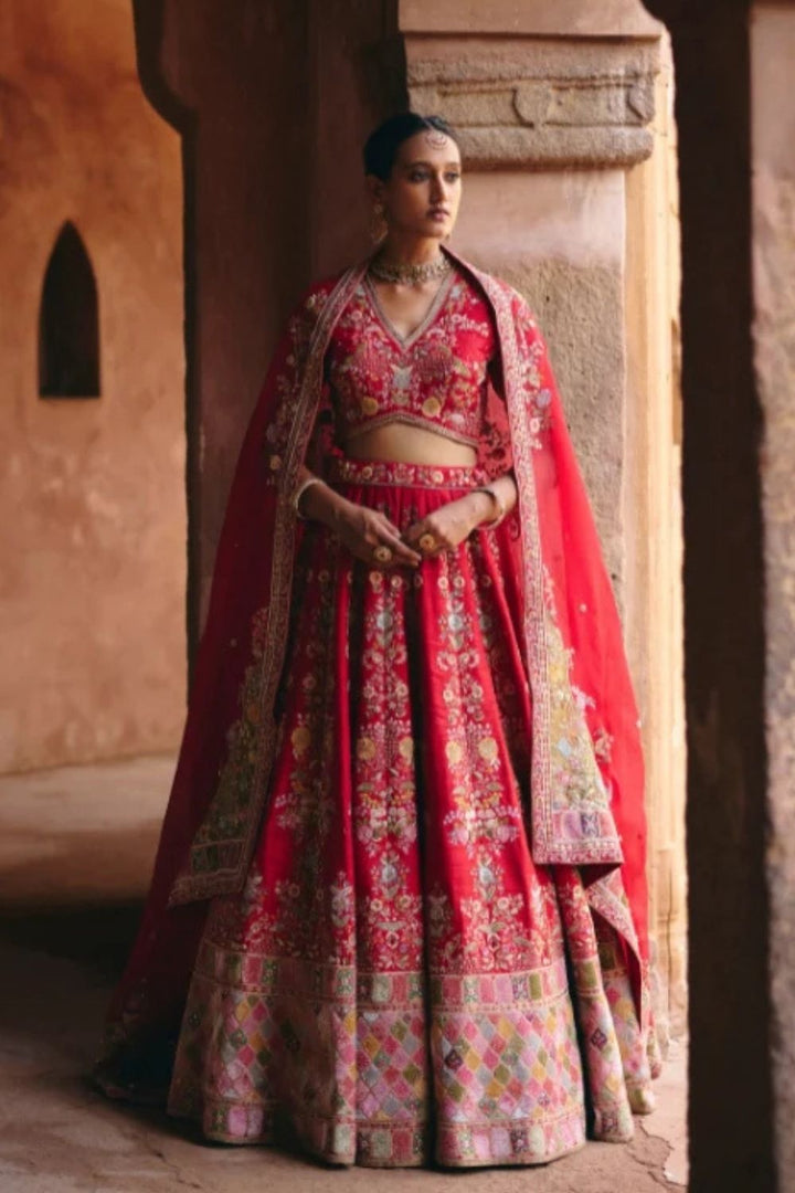 Velvet Patchwork Long Booti Lehenga With Organza Dupatta