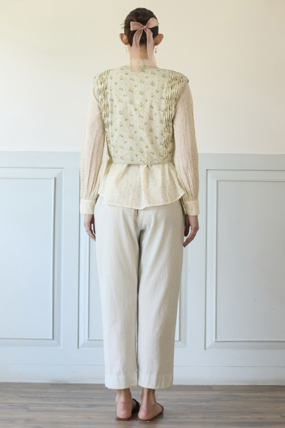 White & Green Gillet Shirt and Pants Set