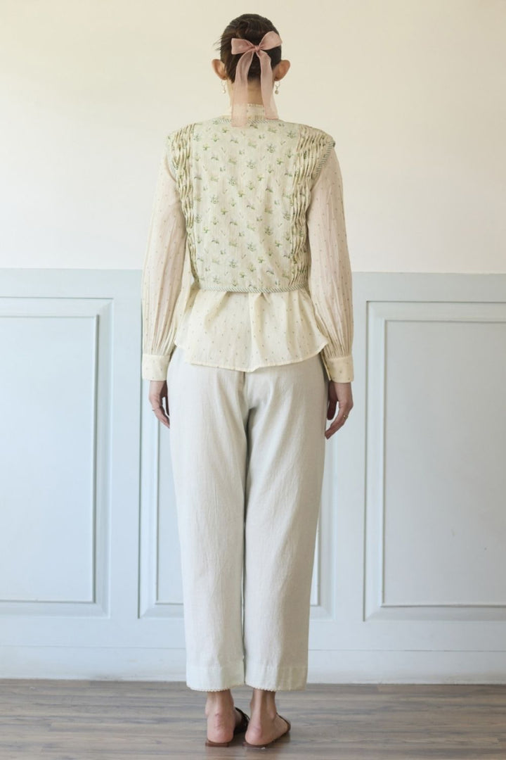 White & Green Gillet Shirt and Pants Set