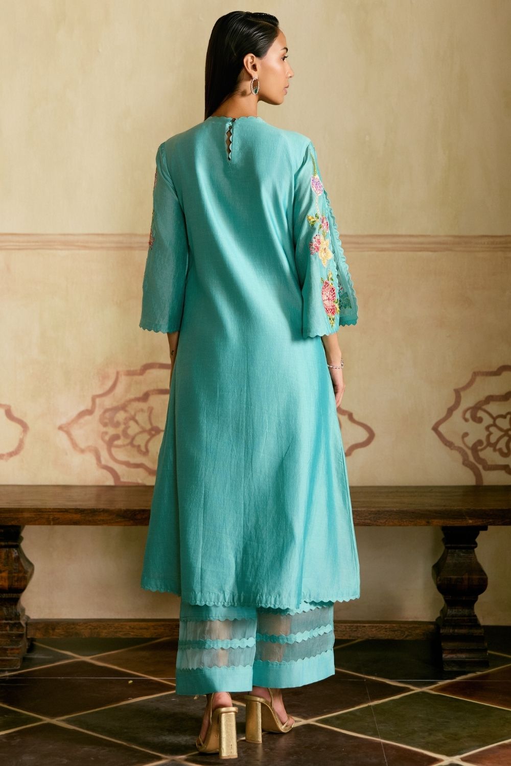 Aqua Mosaic floral vines kurta with sheer detail pants