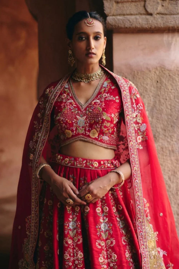 Velvet Patchwork Long Booti Lehenga With Organza Dupatta