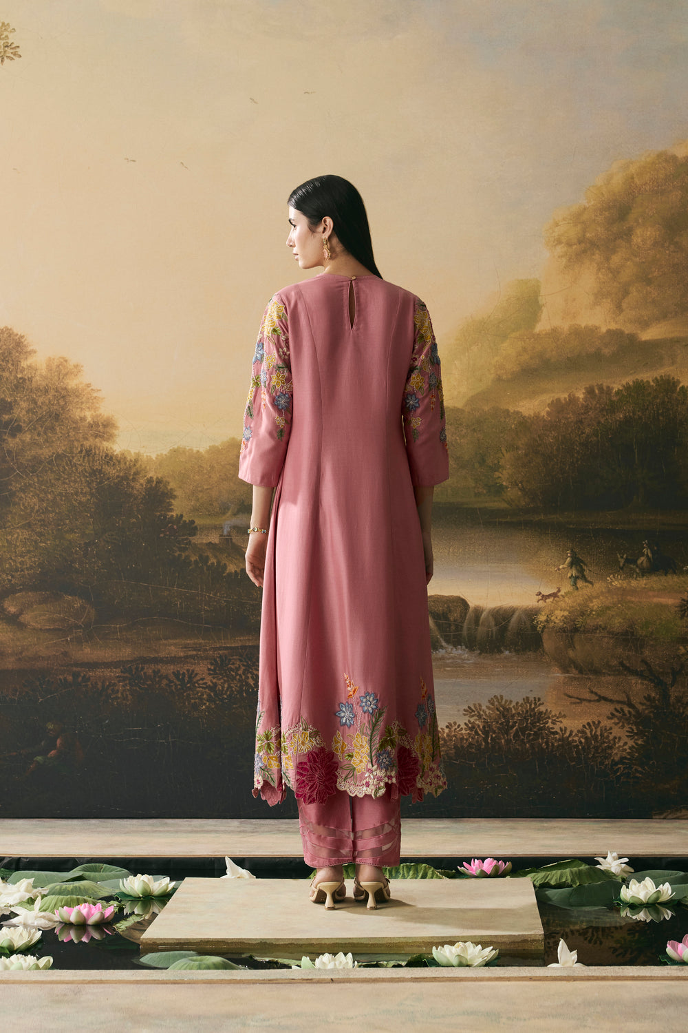 Pink Floral Medley Flared Kurta With Narrow Pants