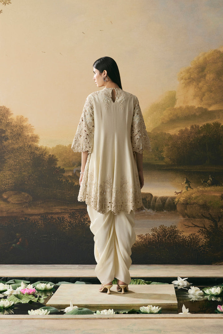 Ivory Cutwork Short Flared Kurta With Cowl Tulip Pants