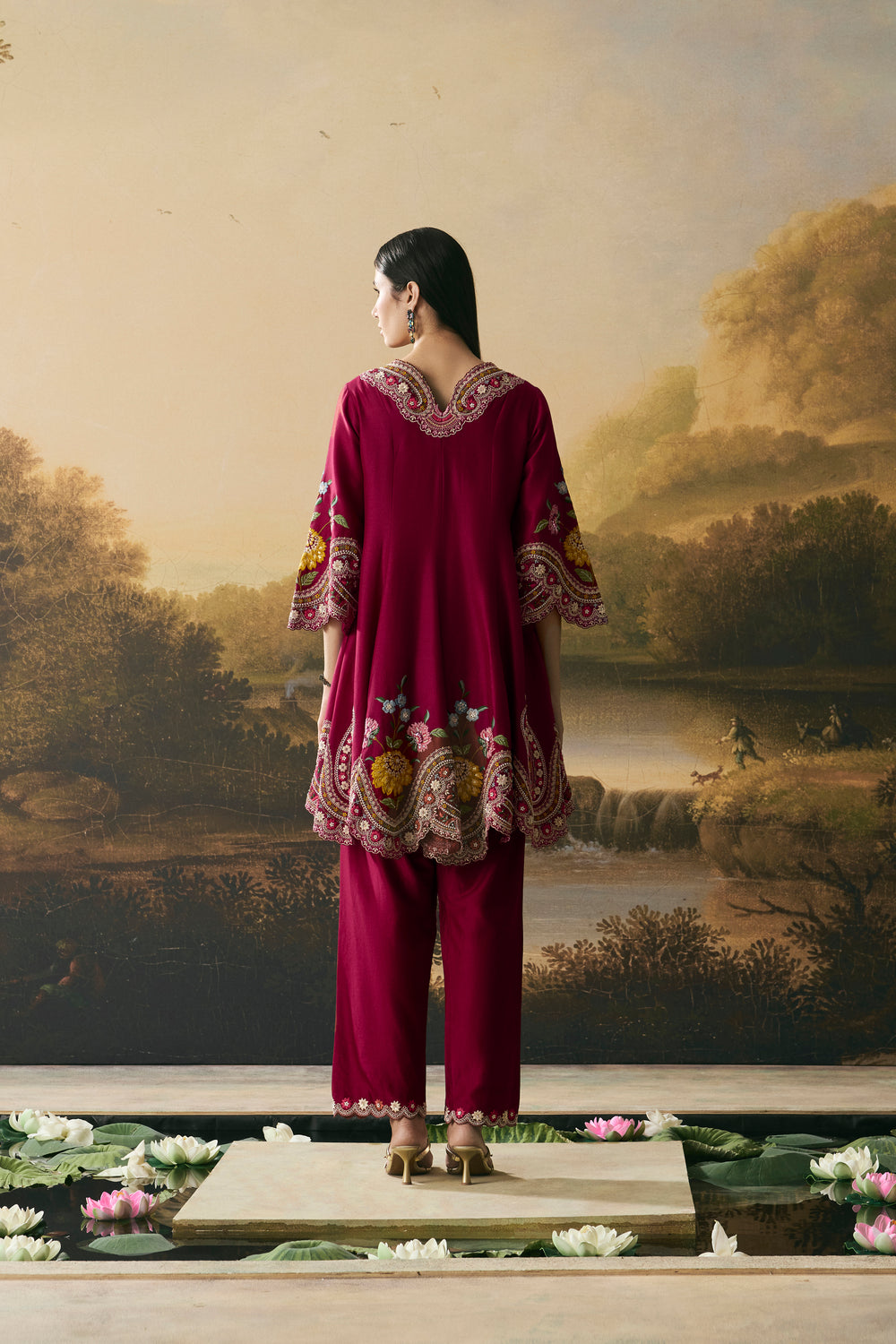 Cherry Red Contrast Cordwork Flared Short Kurta With Tulip Pants