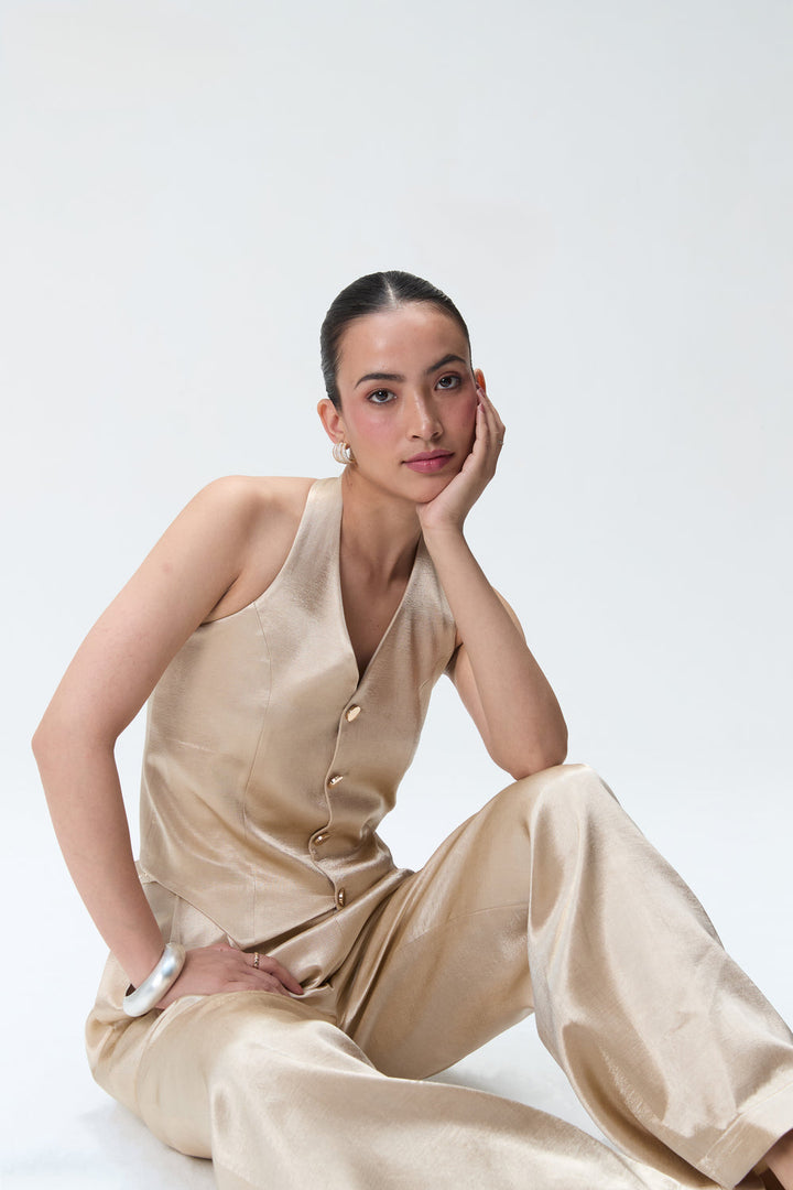 Champagne Halter Waistcoat With Gold Buttons & Champagne Trouser With Pleats