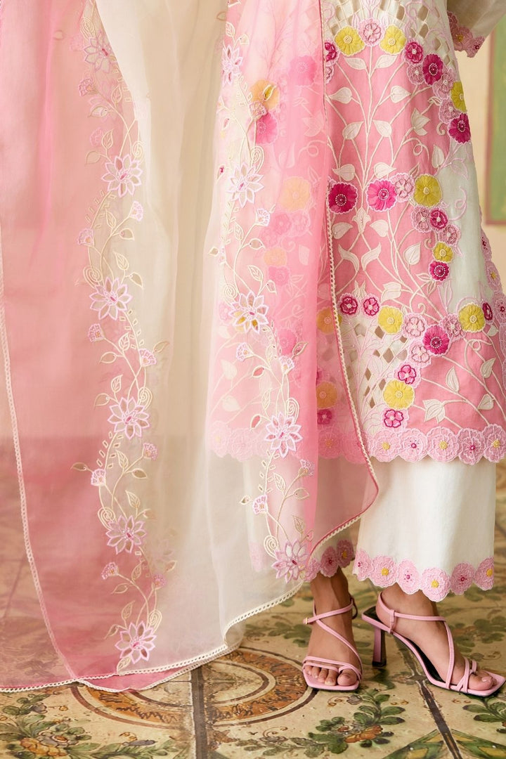 Ivory and pink color block dupatta