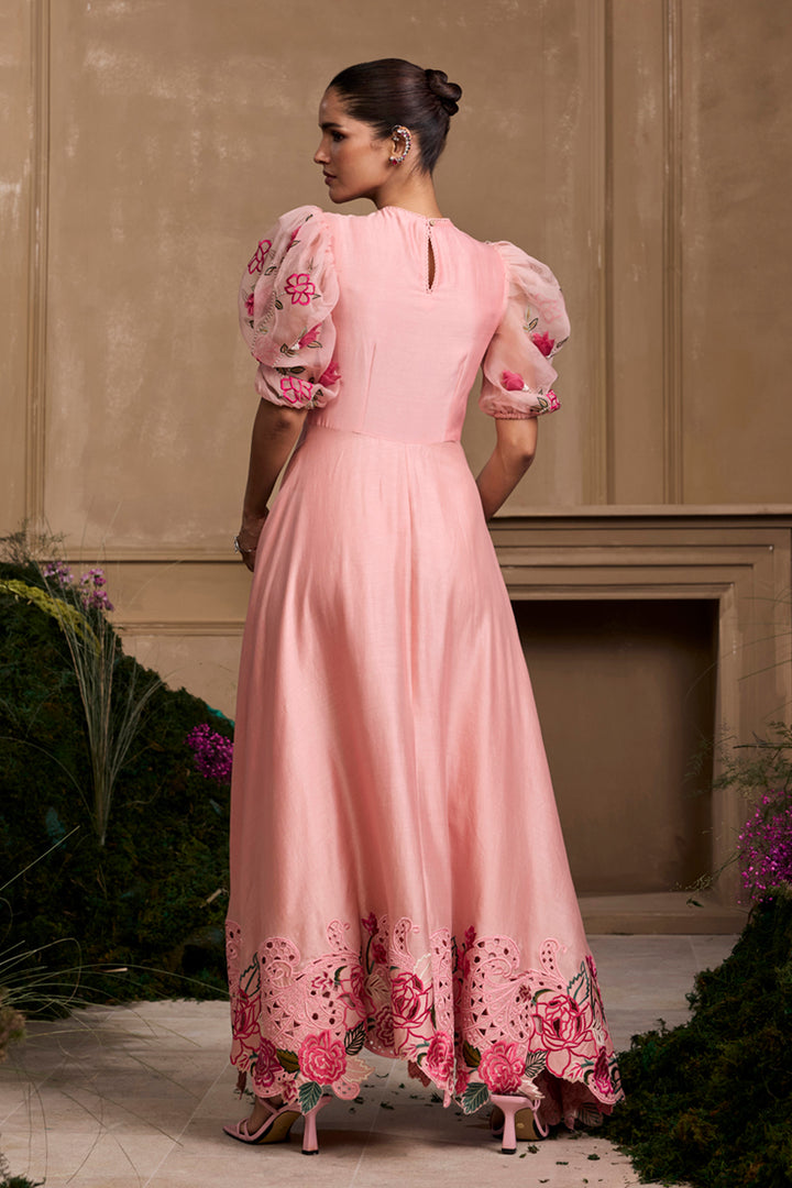 Rose Pink Embroidered Flounce Dress