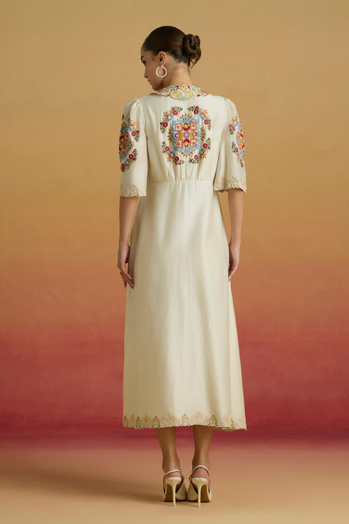 Ivory Floral Threadwork Shirt Dress