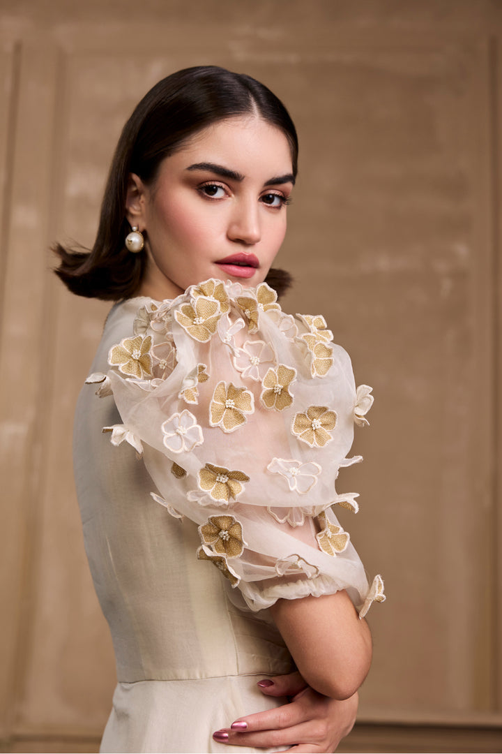 Ivory & Gold Pleated Embroidered Flounce Dress