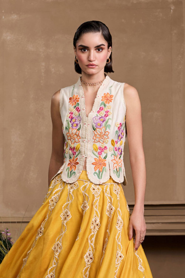 Ivory Floral Embroidered Panelled Waistcoat