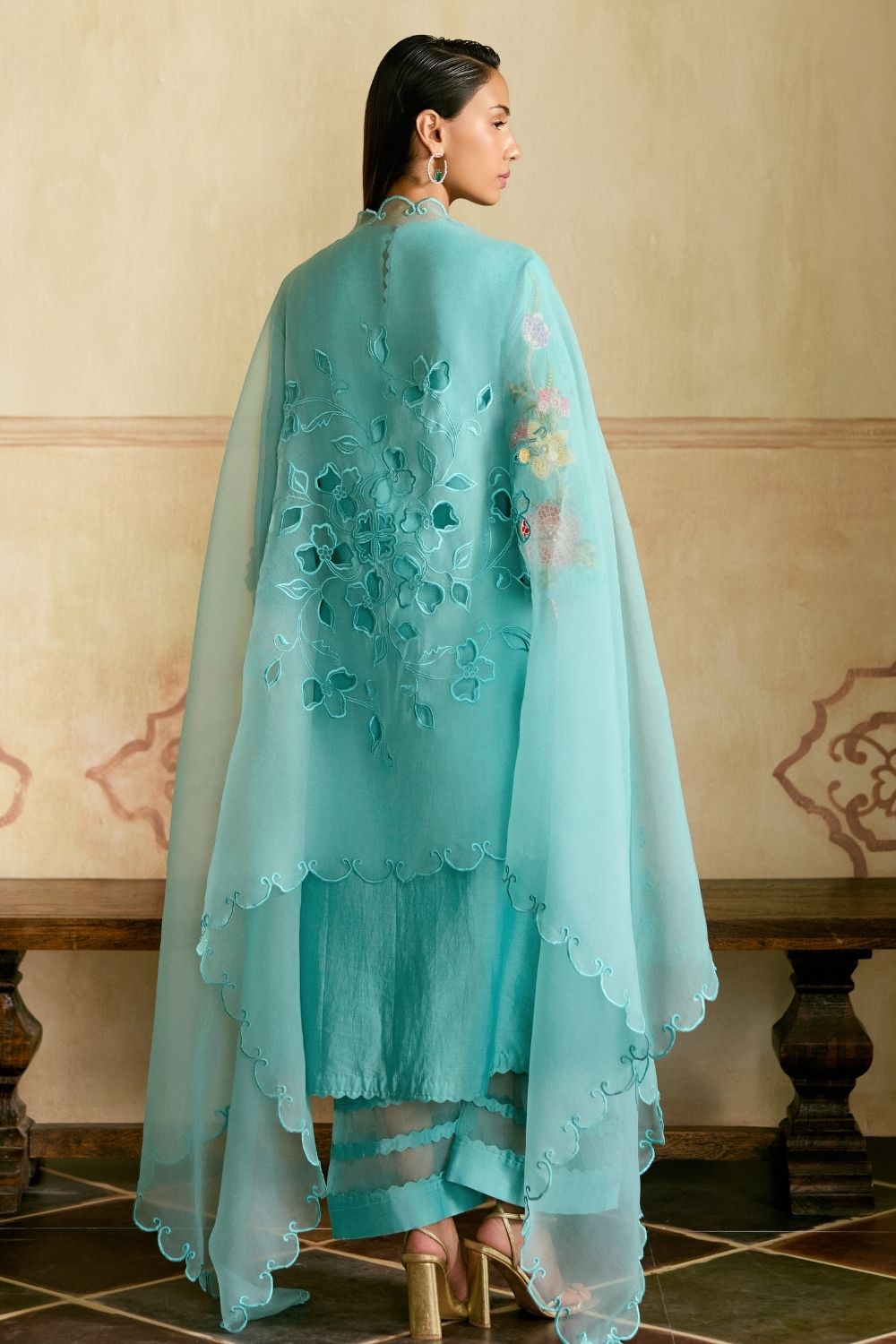 Aqua cutwork dupatta