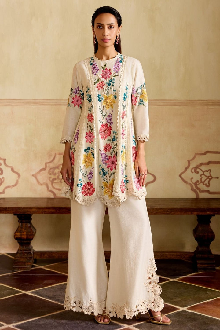 Ivory Mosaic vines flared short kurta with cutwork bell bottoms