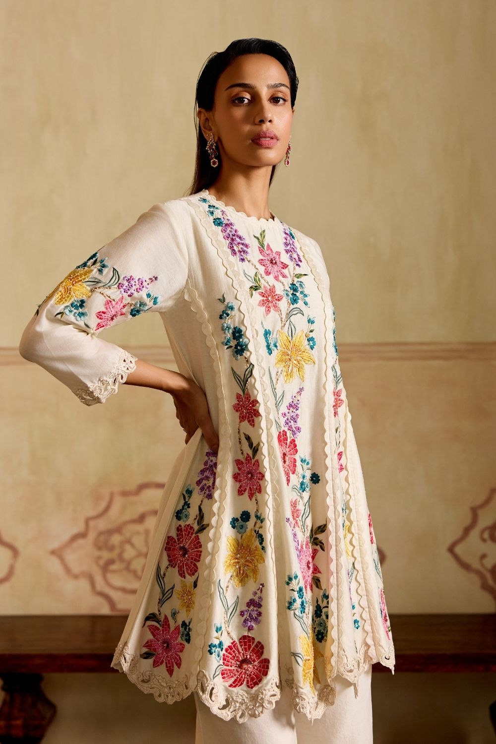 Ivory Mosaic vines flared short kurta with cutwork bell bottoms