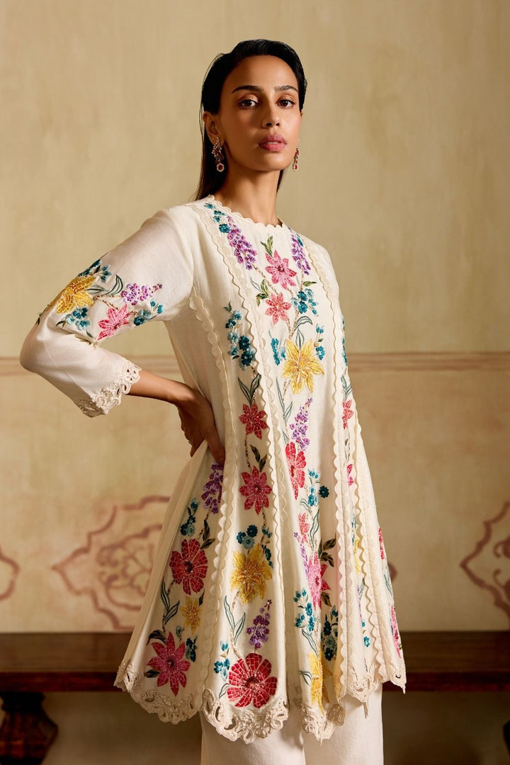 Ivory Mosaic vines flared short kurta with cutwork bell bottoms