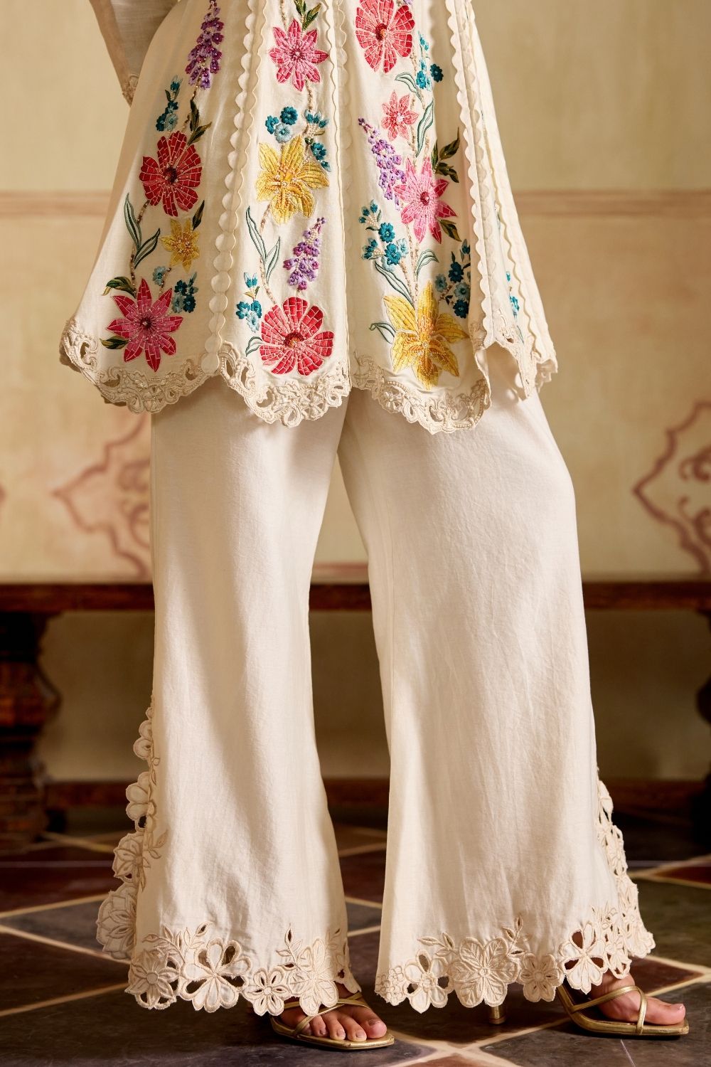 Ivory Mosaic vines flared short kurta with cutwork bell bottoms