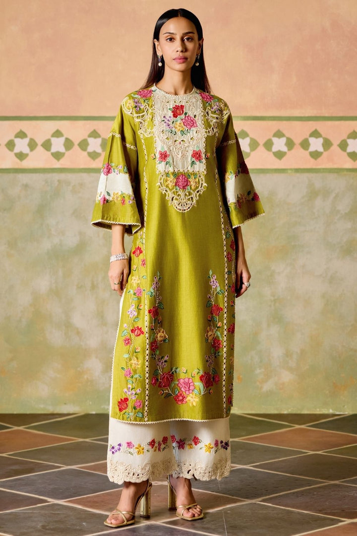Olive & Ivory color block kurta with Ivory embroidered pants