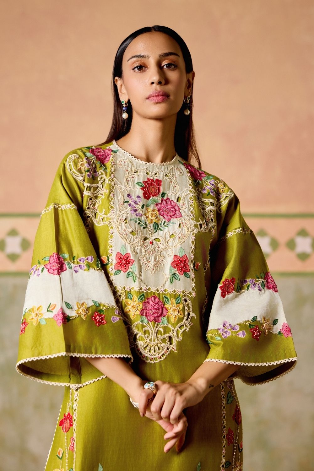 Olive & Ivory color block kurta with Ivory embroidered pants