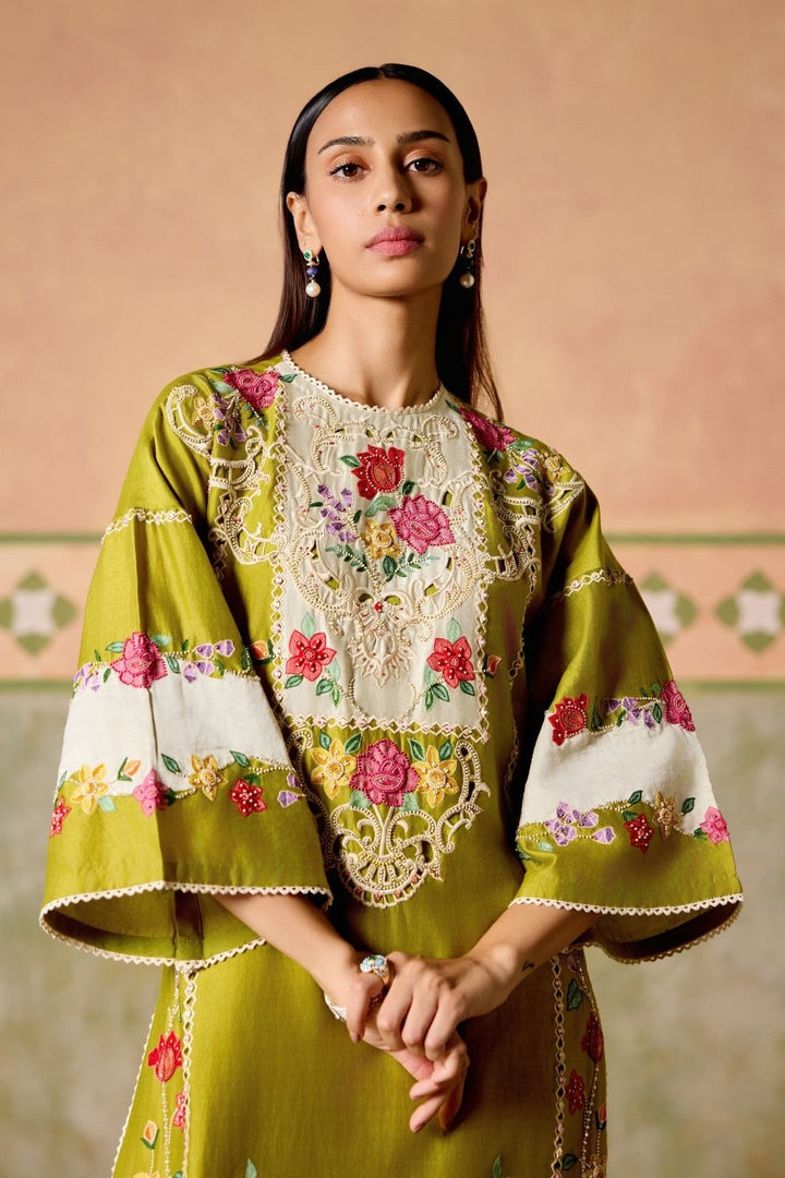 Olive & Ivory color block kurta with Ivory embroidered pants