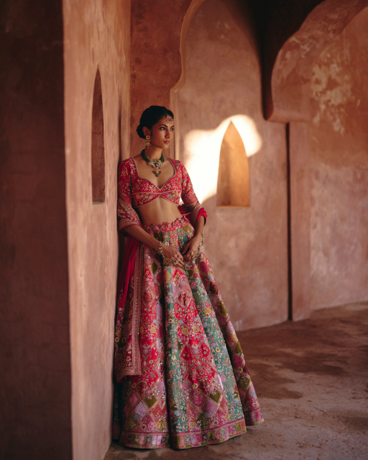 Velvet Patchwork Multi-Coloured Lehenga Set