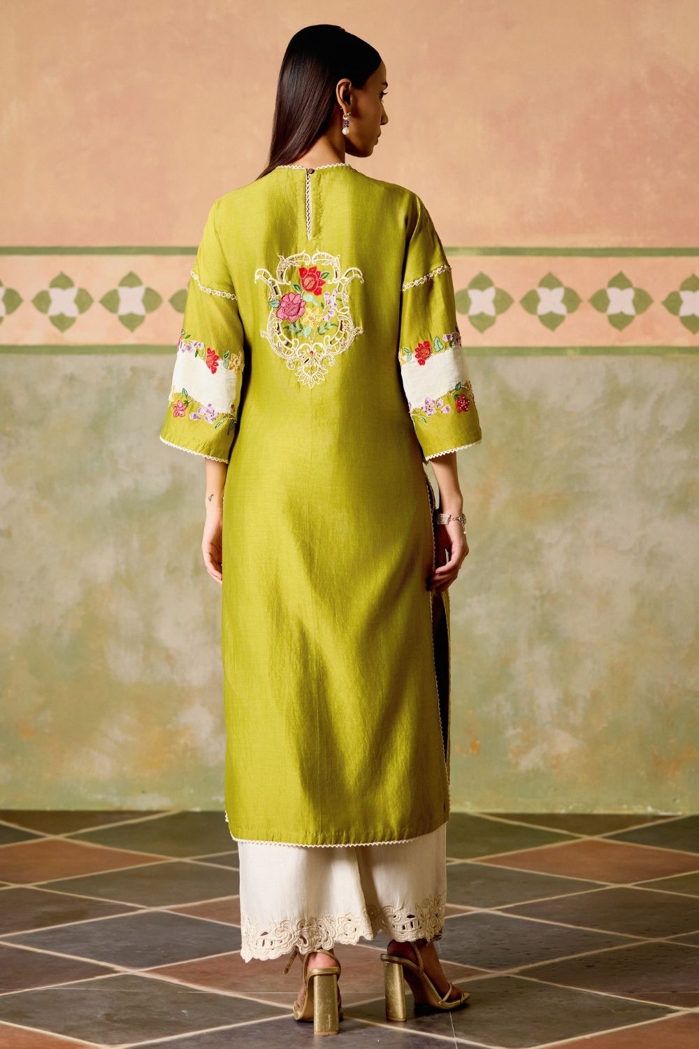 Olive & Ivory color block kurta with Ivory embroidered pants